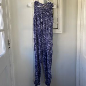 Anthropologie Lilka royal blue button down okay print jumpsuit